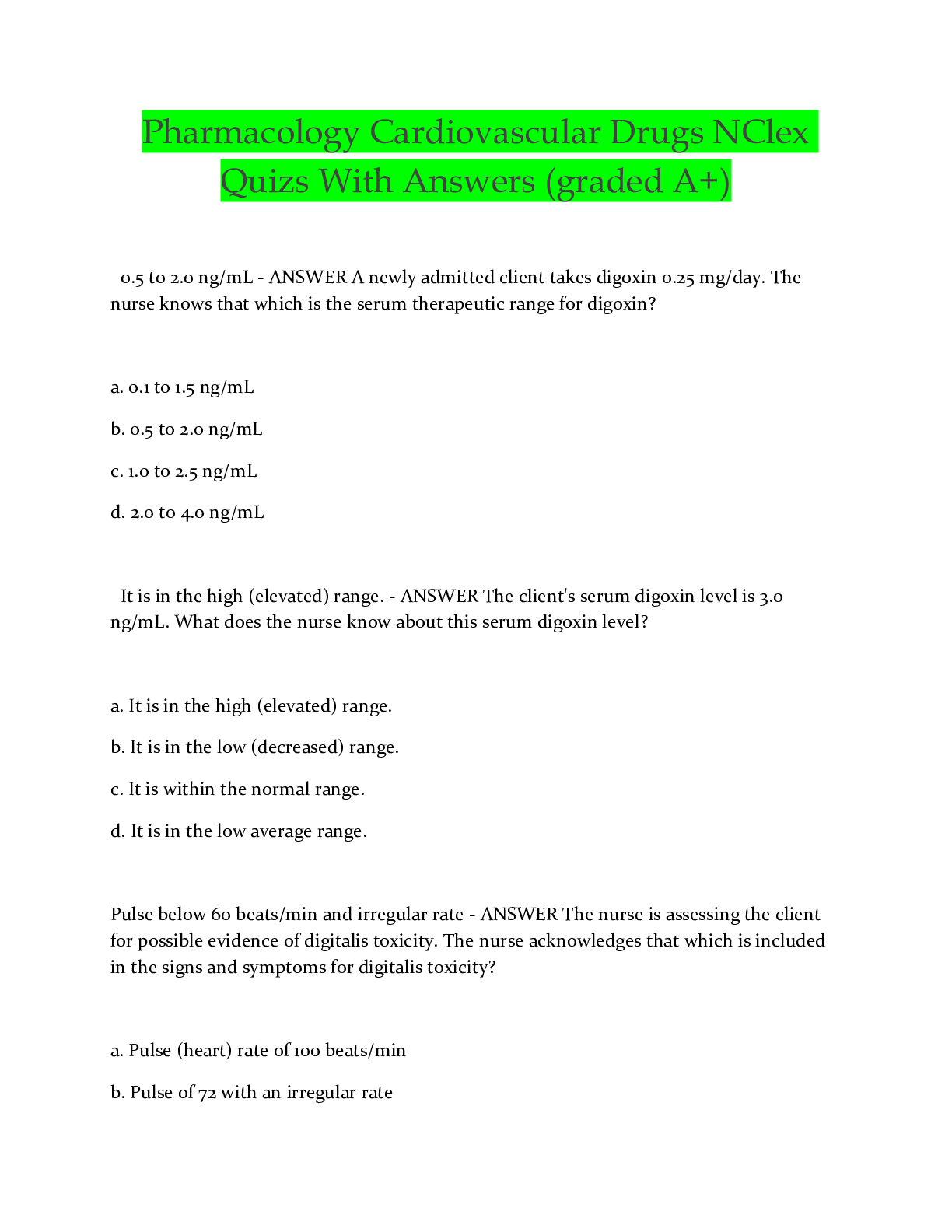 Preview image for Pharmacology Cardiovascular Drugs NClex Quizs With Answers (graded A+)